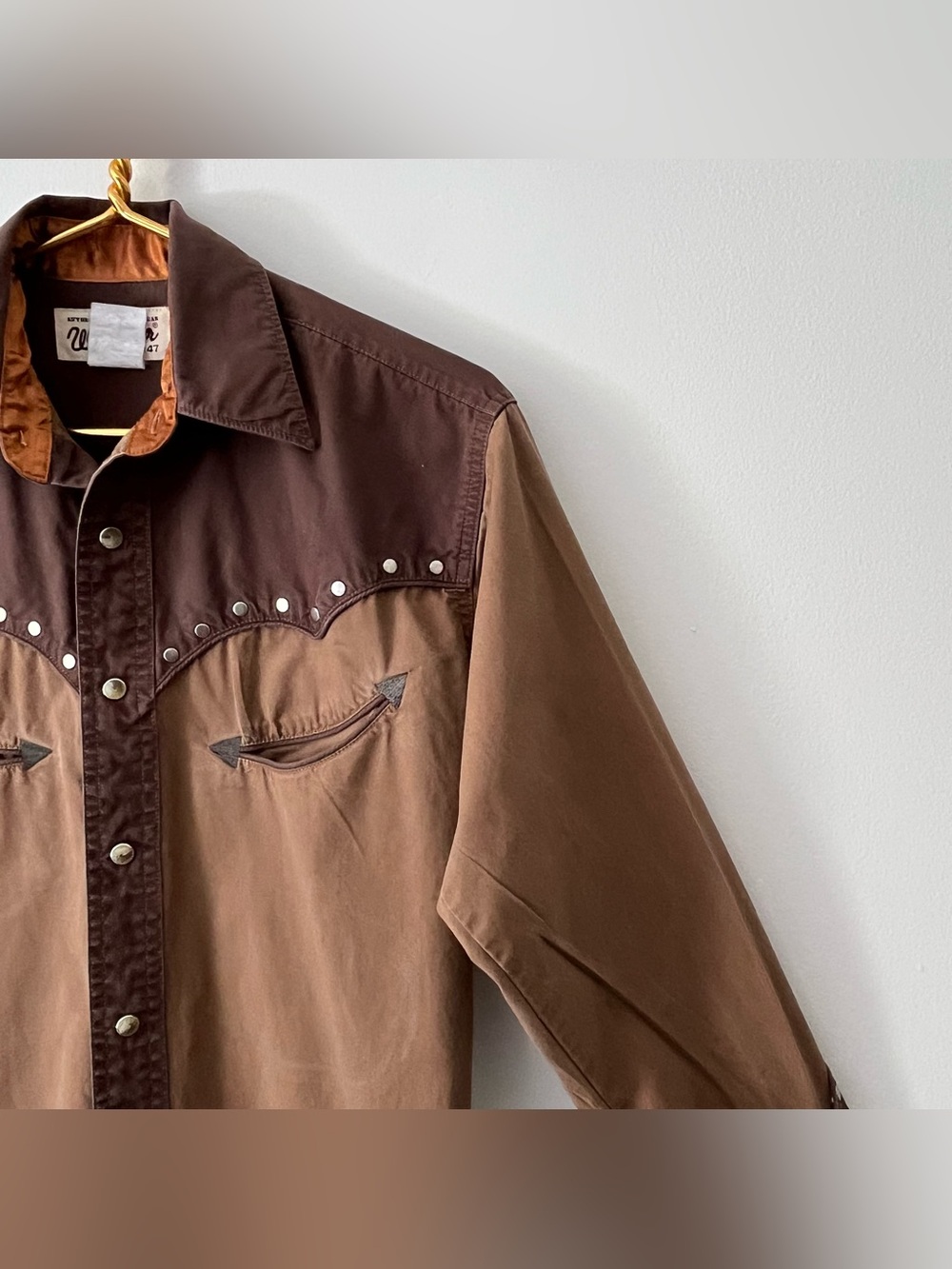 Men's Vtg Wrangler TwoTone Brown Pearl Snap Studded Western Cowboy Ranch Shirt S - Picture 6 of 11